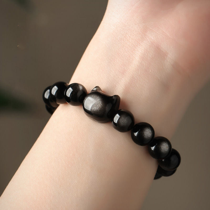 Nimara Ritual Gold Sheen Obsidian Silver Sheen Obsidian Lovely Paw Lucky Cat Protection Bracelet