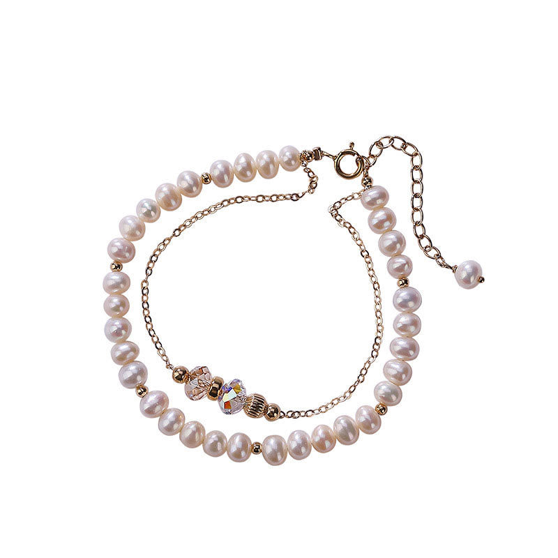 Nimara Ritual 925 Sterling Silver Plated 14k Gold Natural Pearl Crystal Healing Double Layer Bracelet