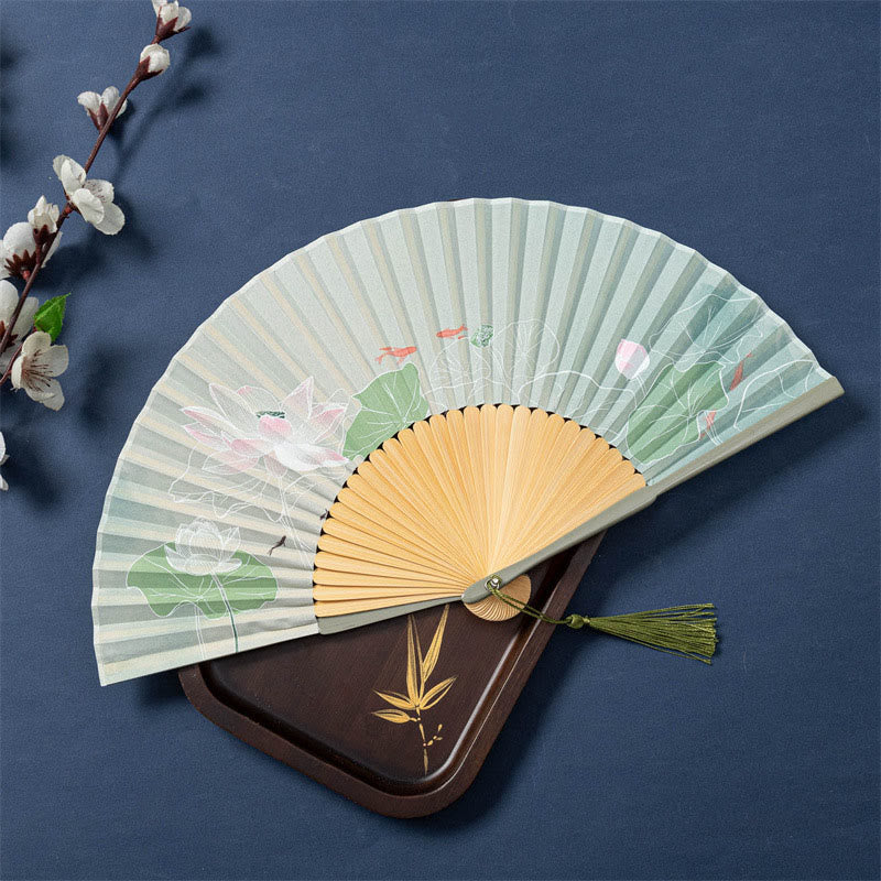 Nimara Ritual Lotus Begonia Flower Jasmine Handheld Bamboo Folding Fan 21cm