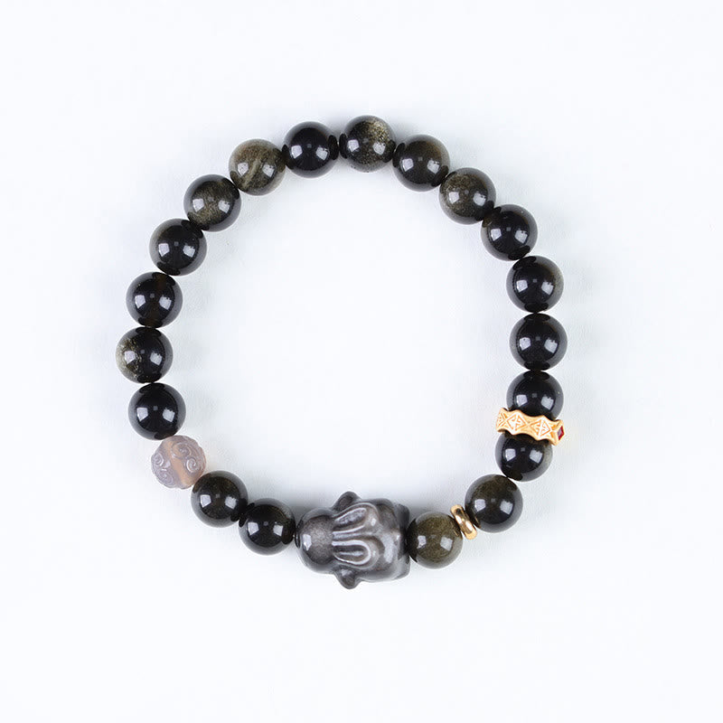 Nimara Ritual Gold Sheen Obsidian Black Obsidian Silver Sheen Obsidian Cute Rabbit Protection Bracelet