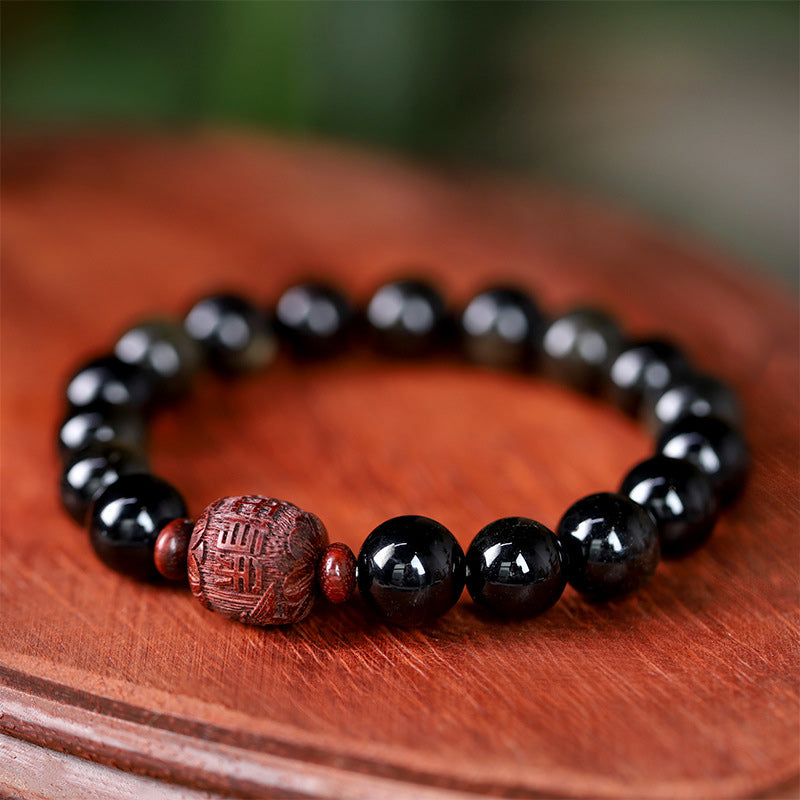Nimara Ritual Natural Gold Sheen Obsidian Rainbow Obsidian Om Mani Padme Hum Fu Character Healing Bracelet