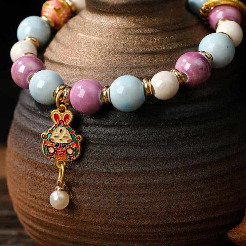 Nimara Ritual Tibetan Zakiram Goddess of Wealth Rabbit Lion Head Charm Liuli Glass Incense Ash Porcelain Bead Protection Bracelet
