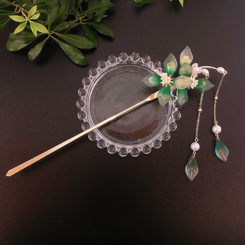 Nimara Ritual Flower Leaf Pearl Peace Tassel Hairpin
