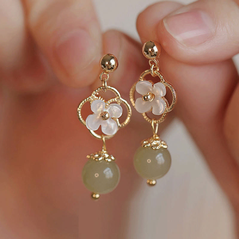 Nimara Ritual Tridacna Stone Flower Jade Bead Blessing Drop Earrings