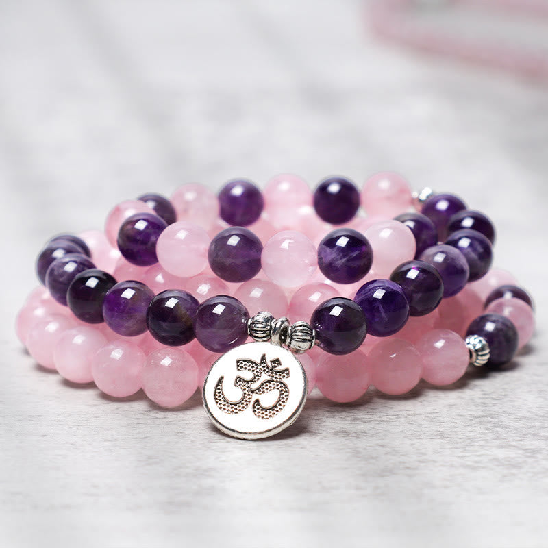 Nimara Ritual Natural Rose Quartz & Amethyst Mala Bead Lotus Pendant Bracelet