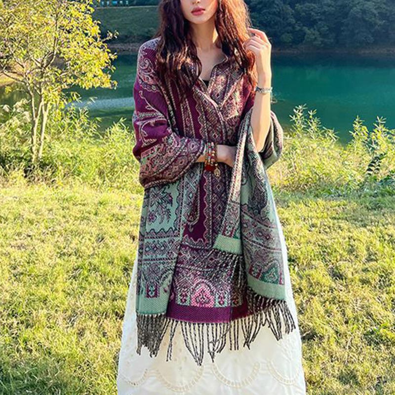 Nimara Ritual Vintage Tibetan Leaves Pattern Design Shawl Cozy Travel Scarf Wrap