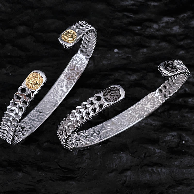 Nimara Ritual Tang Dynasty Flower Design Engraved Copper Luck Cuff Bracelet Bangle Adjustable Ring