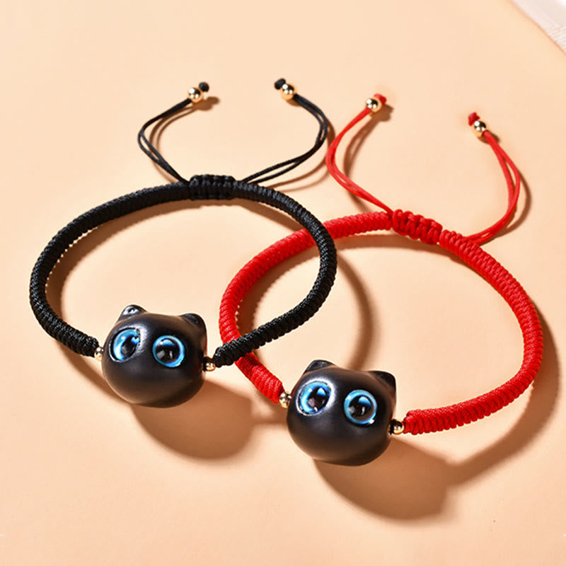 Nimara Ritual Ebony Wood Cat Head Pattern Peace King Kong Knot Braided Bracelet