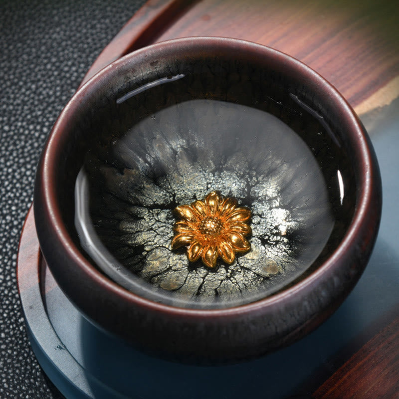 Nimara Ritual 24K Gold Inlaid Sunflower Chinese Jianzhan Glaze Kiln Change Ceramic Teacup Tenmoku Kung Fu Tea Cup