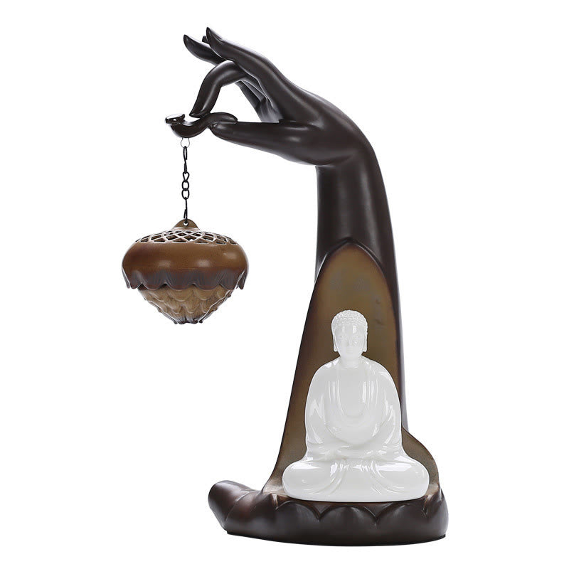 Nimara Ritual Led Buddha Hand Backflow Smoke Fountain Healing Ceramic Stick Incense Burner Decoration