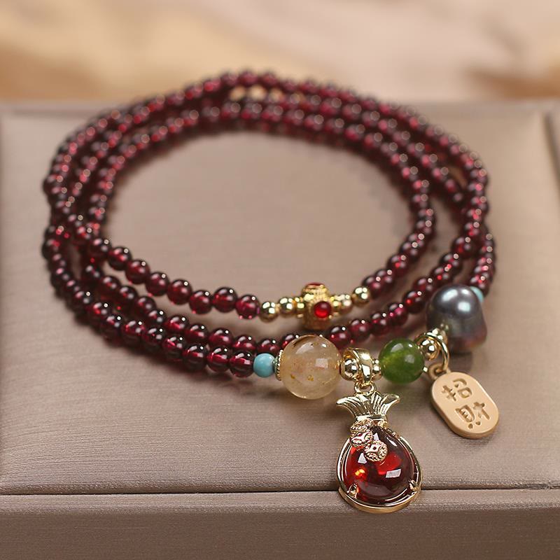 Nimara Ritual Multi Layered Natural Garnet Jade Coin Money Bag Attracting Wealth Protection Bracelet