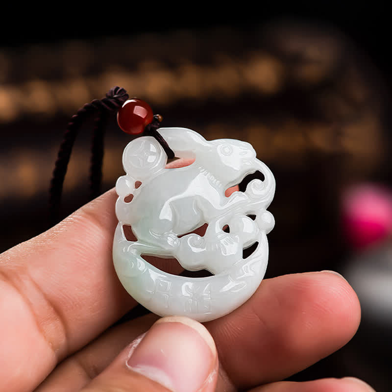 Nimara Ritual Year of the Rabbit White Jade Crescent Moon Protection Necklace Pendant