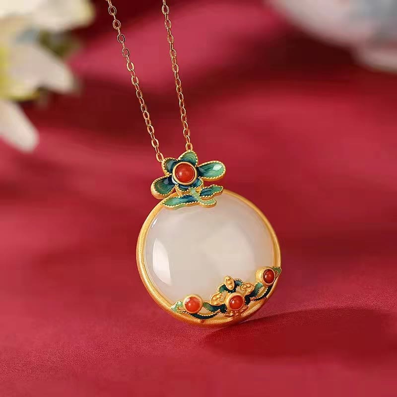 Nimara Ritual White Jade Red Agate Flower Blessing Luck Necklace Pendant
