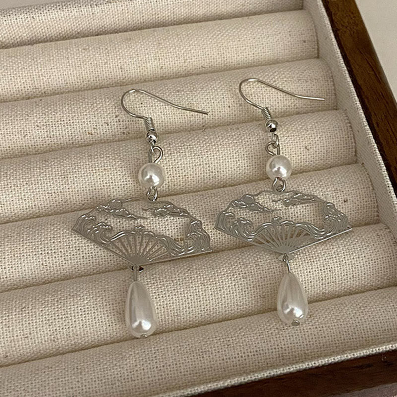 Nimara Ritual Copper Fan Auspicious Clouds Pearl Healing Drop Earrings