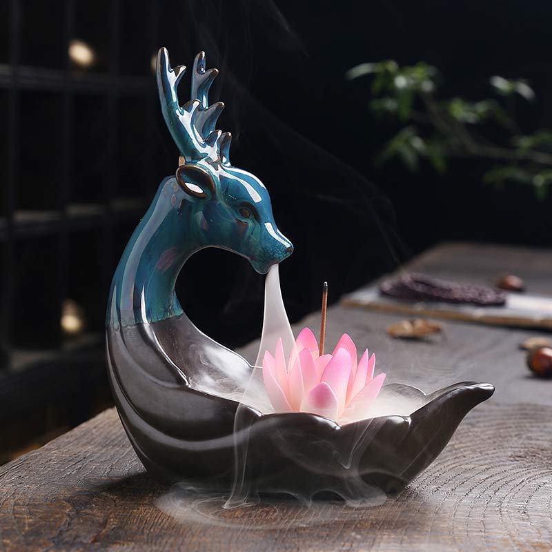 Nimara Ritual Little Deer Ceramic Lotus Meditation Incense Burner Decoration