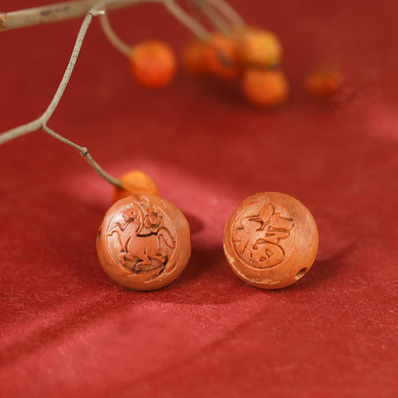 Nimara Ritual Natural Peach Wood Chinese Zodiac Fu Character Carved Cinnabar Wealth Bracelet
