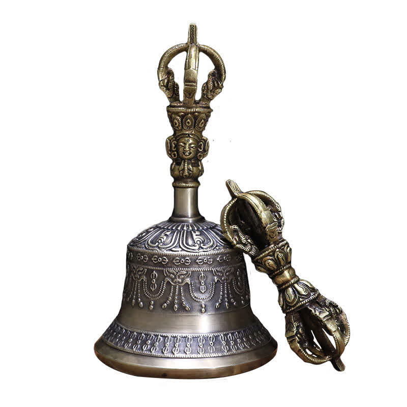 Nimara Ritual Tibetan Meditation Bell and Vajra Dorje Copper Enlightenment Decoration Set