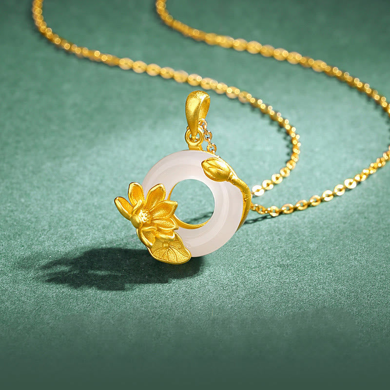 Nimara Ritual Natural White Chalcedony Peace Buckle Lotus Pendant S925 Sterling Silver Necklace