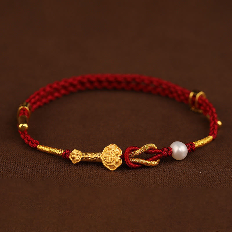 Nimara Ritual 24K Gold Wish Ruyi Handle Fu Character Rabbit Pearl Luck Braided Bracelet