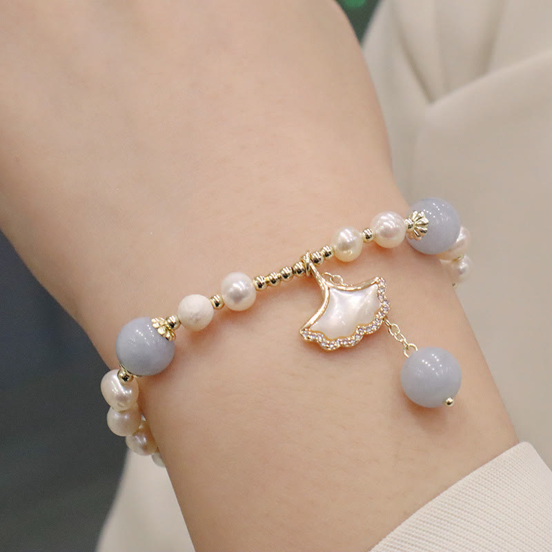 Nimara Ritual Natural Aquamarine Pearl Healing Ginkgo Leaf Butterfly Charm Bracelet