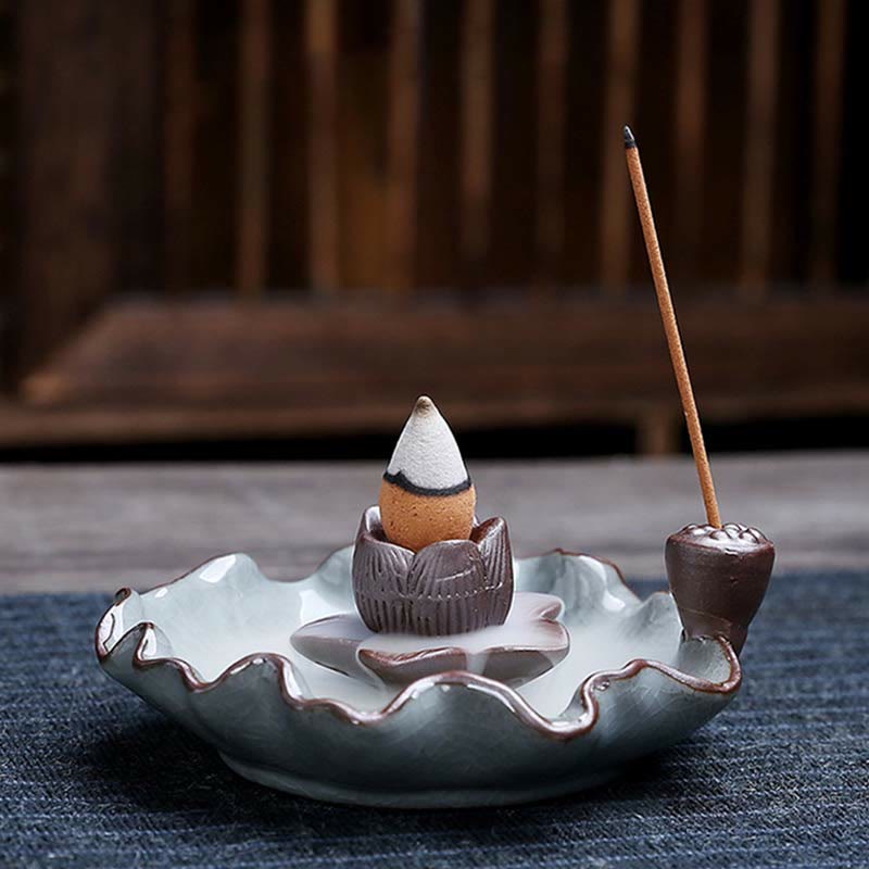 Nimara Ritual Lotus Plum Blossom Square Ceramic Spiritual Backflow Incense Burner