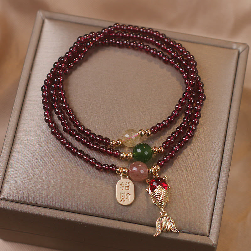 Nimara Ritual Natural Garnet Strawberry Quartz Crystal Fox Koi Fish Peace Buckle Fortune Protection Triple Wrap Bracelet
