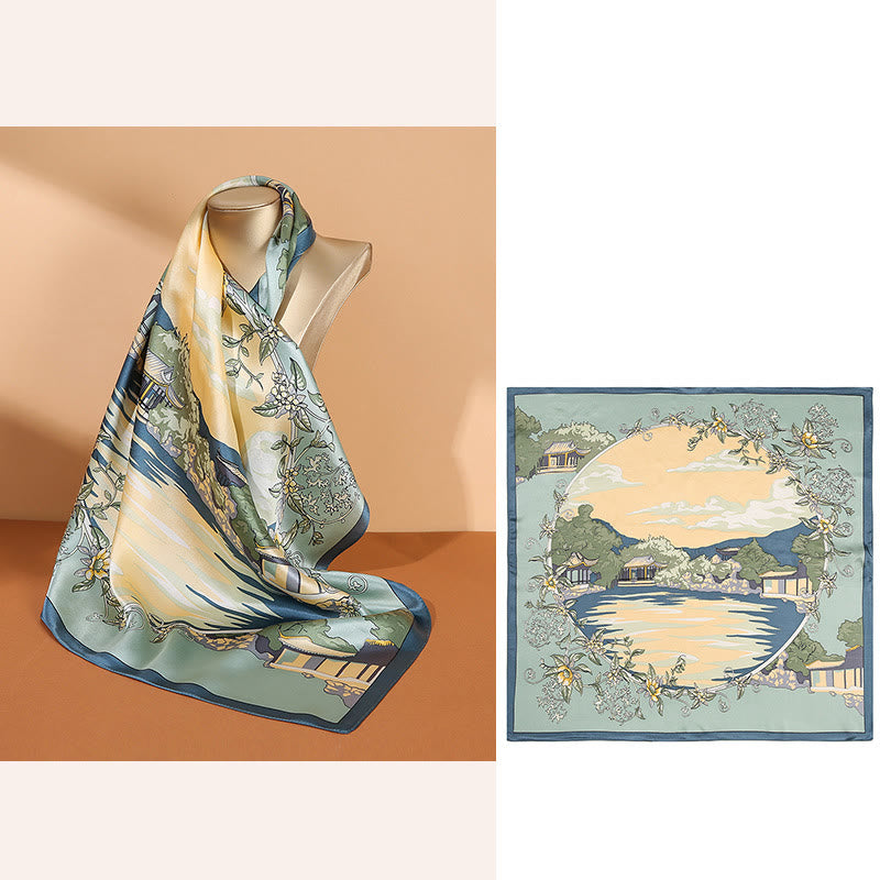 Nimara Ritual Pastoral Scene Hot Air Balloon Spring Blossom 100% Mulberry Silk Neck Hair Scarf