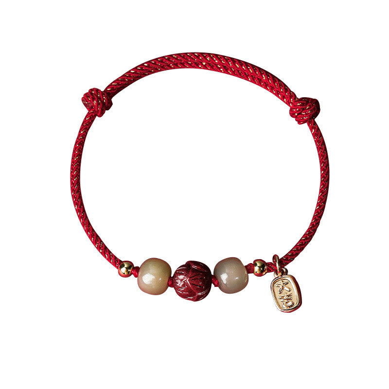 Nimara Ritual 14K Gold Plated Hetian Jade Cinnabar Lotus Luck Handcrafted Rope Bracelet