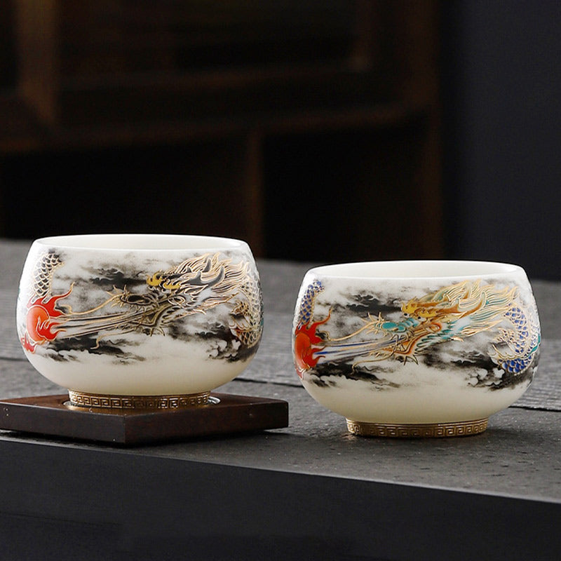 Nimara Ritual Dragon Playing With Pearl Design White Porcelain Ceramic Teacup Kung Fu Tea Cup 160ml