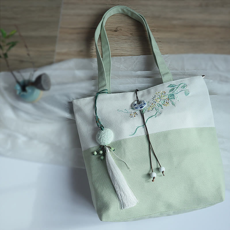 Nimara Ritual Pear Flower Plum Peach Blossom Bamboo Embroidery Canvas Large Capacity Shoulder Bag Tote Bag