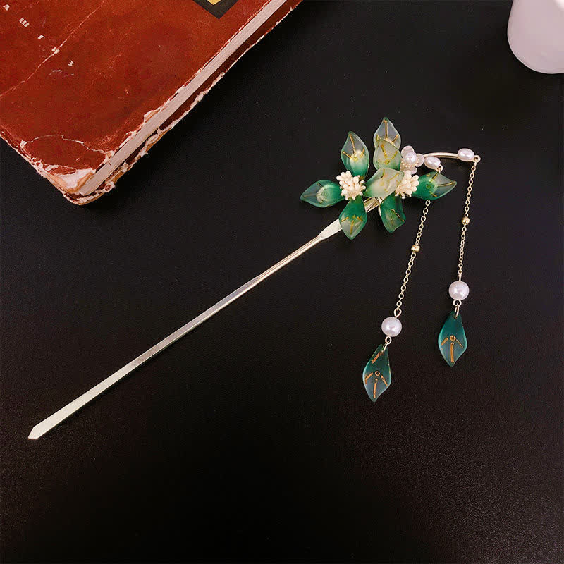 Nimara Ritual Flower Leaf Pearl Peace Tassel Hairpin