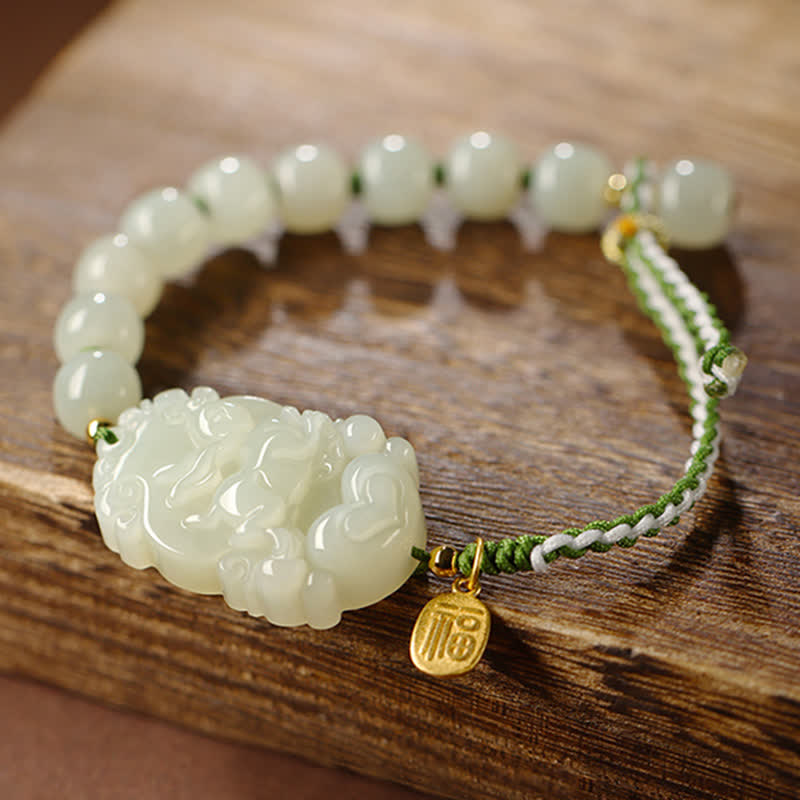 Nimara Ritual 925 Sterling Silver Chinese Zodiac Hetian Jade Happiness Luck String Bracelet