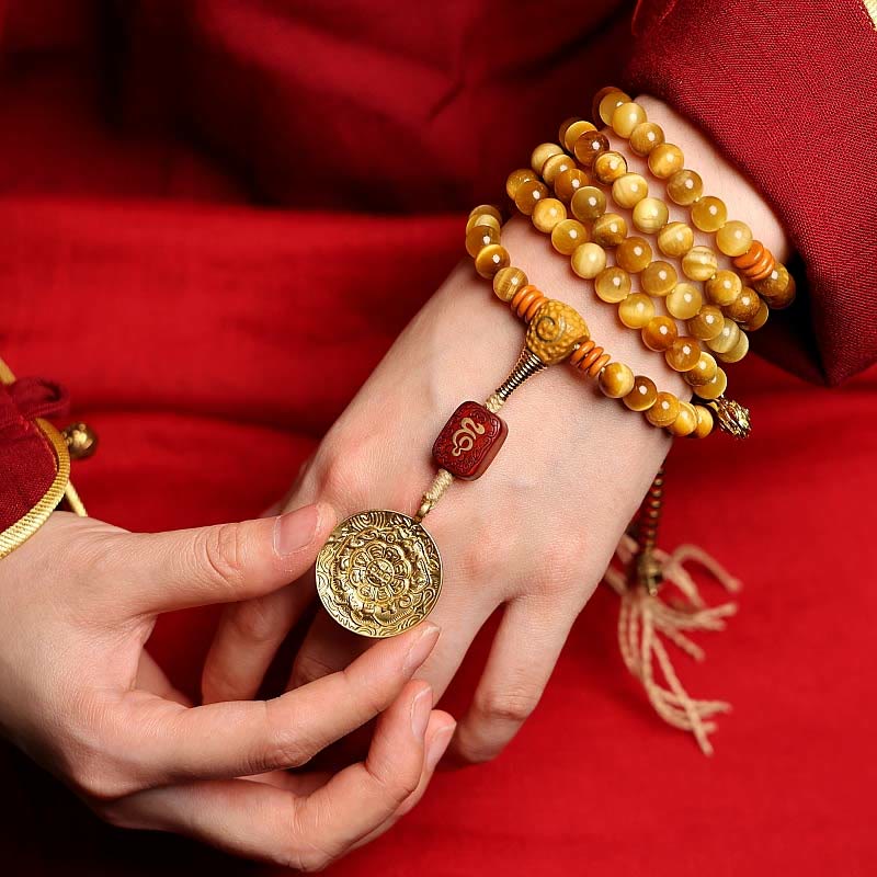 Nimara Ritual 108 Mala Beads Natural Tiger Eye Copper Dorje Protection Tassel Bracelet