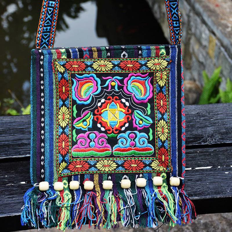 Nimara Ritual Tibetan Handmade Embroidered Camellia Canvas Shoulder Bag Crossbody Bag