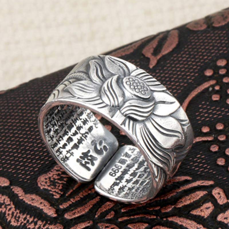 Nimara Ritual 999 Sterling Silver Lotus Symbol Heart Sutra Protection Ring