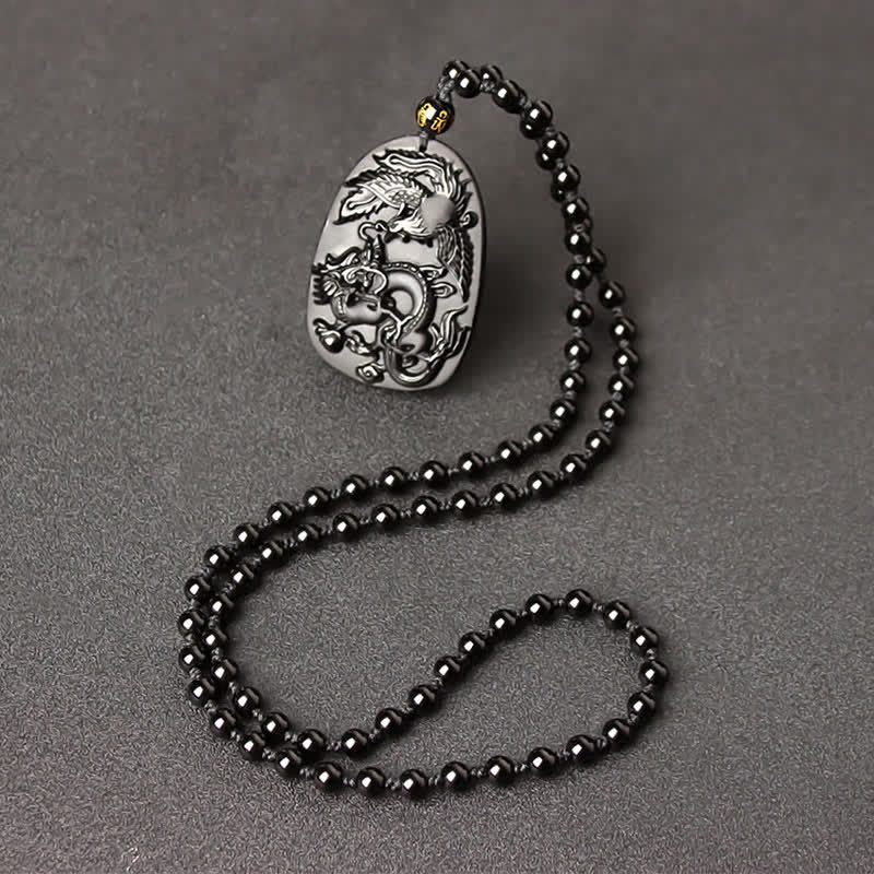 Nimara Ritual Black Obsidian Tiger Eye Dragon Phoenix Protection Beaded Necklace Pendant