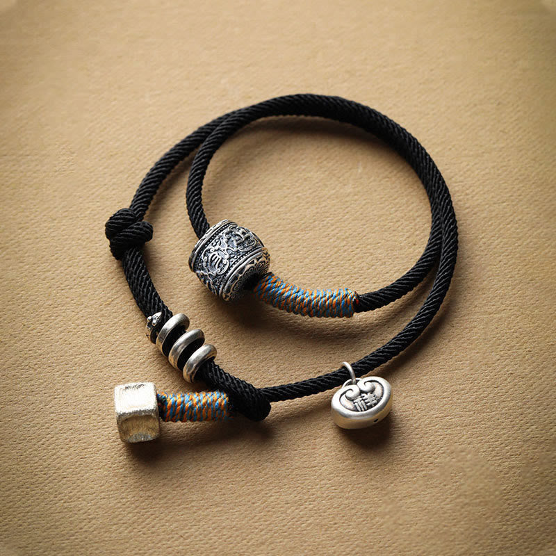 Nimara Ritual Handmade Tibetan Om Mani Padme Hum Carved Auspicious Amulet Double Wrap Rope Bracelet
