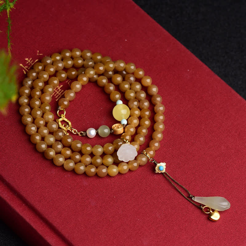 Nimara Ritual Natural Hetian Topaz Amber Lotus White Jade Pearl Success Bracelet