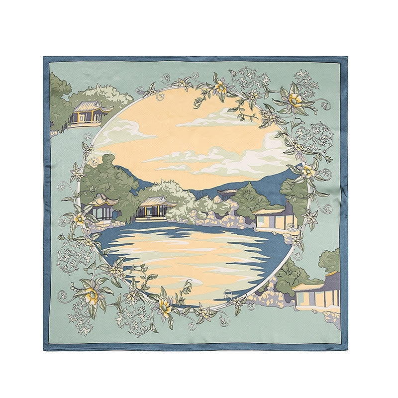 Nimara Ritual Pastoral Scene Hot Air Balloon Spring Blossom 100% Mulberry Silk Neck Hair Scarf