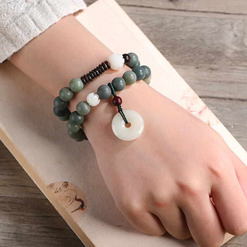 Nimara Ritual Cyan Bodhi Seed Lotus Jade Peace Buckle Wisdom Double Wrap Bracelet
