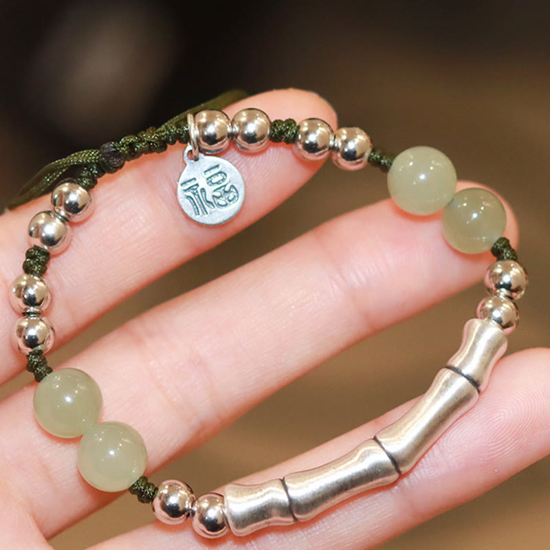 Nimara Ritual 925 Sterling Silver Natural Jade Fu Character Bamboo Abundance Bracelet