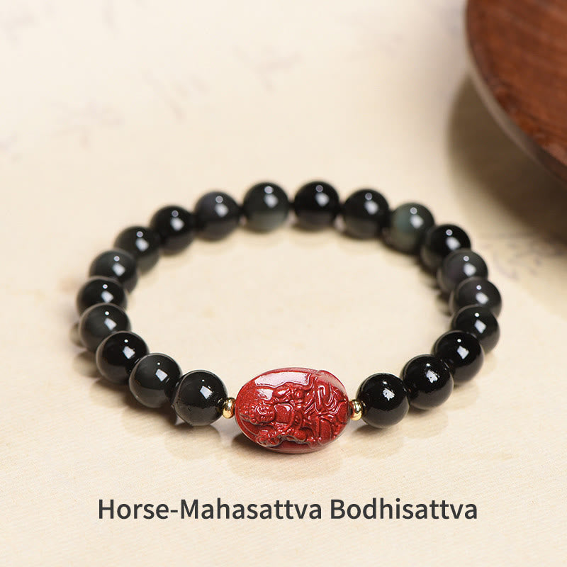 Nimara Ritual Chinese Zodiac Natal Buddha Natural Black Obsidian Cinnabar Purification Bracelet