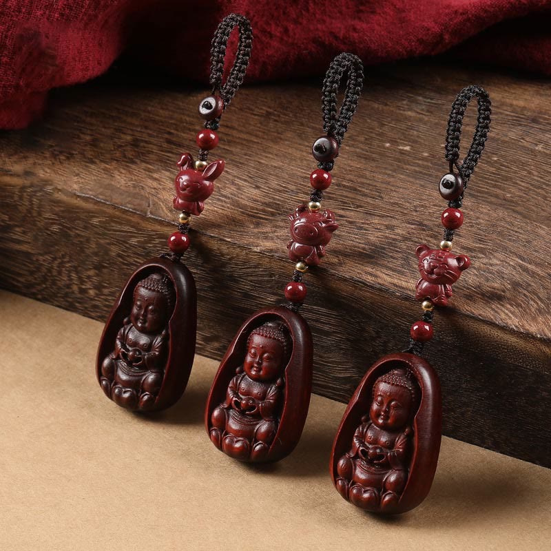 Nimara Ritual Small Leaf Red Sandalwood Buddha Cinnabar Chinese Zodiac Amulet Protection Key Chain
