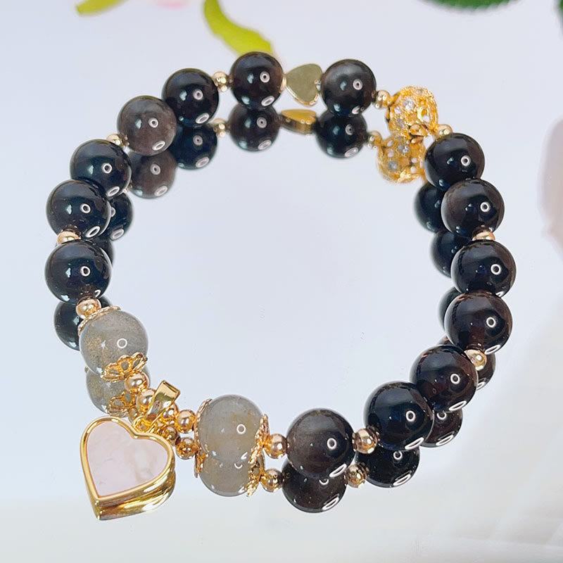 Nimara Ritual Natural Silver Sheen Obsidian Love Heart Star Flower Protection Bracelet