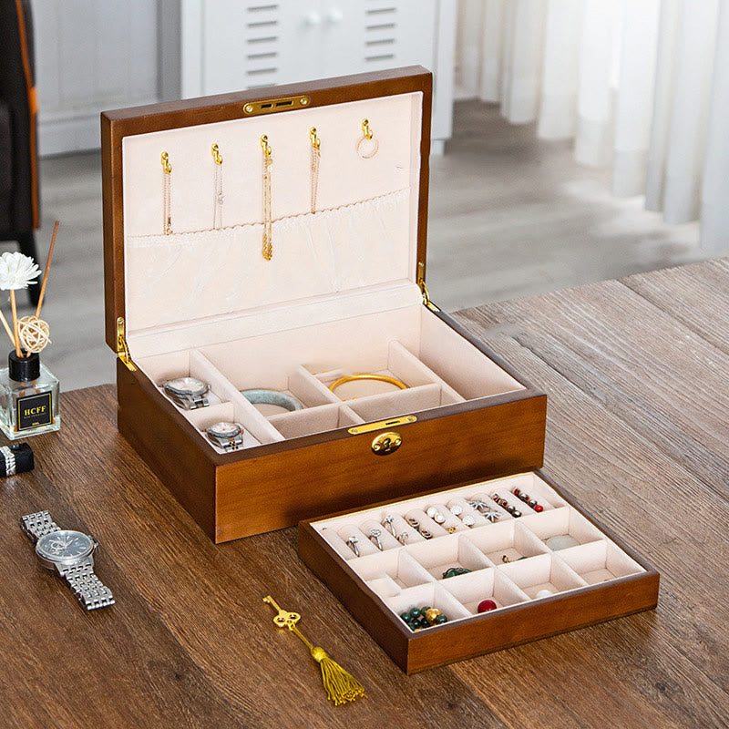 Nimara Ritual Vintage Wooden Jewelry Box Two-Layer Solid Wood Jewelry Storage Box