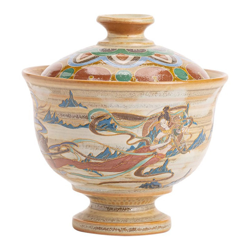 Nimara Ritual Dunhuang Flying Apsaras Ceramic Gaiwan Sancai Teacup Kung Fu Tea Cup With Lid