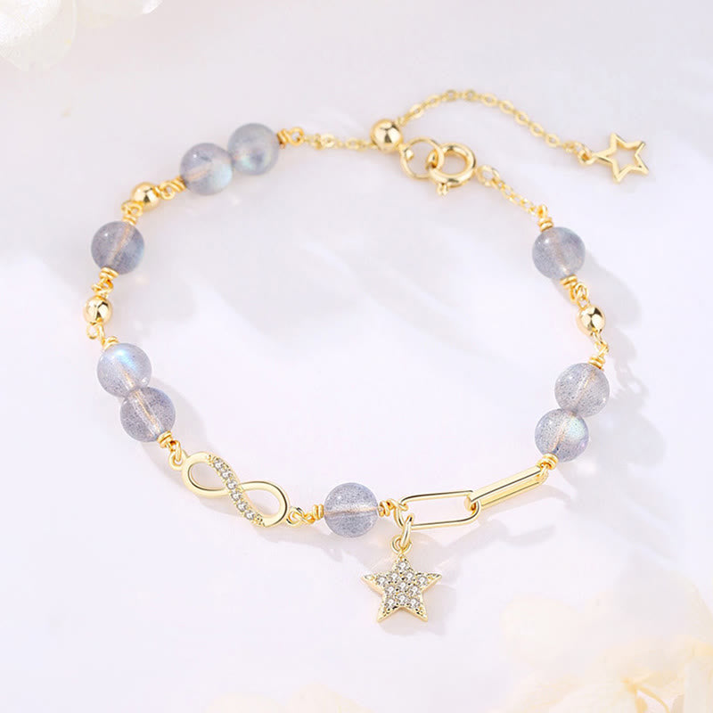 Nimara Ritual 14K Gold Plated Natural Strawberry Quartz Moonstone MAbius Loop Eternal Love Star Positive Bracelet