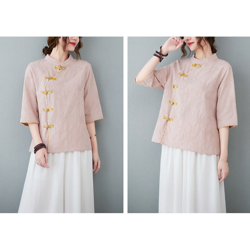 Nimara Ritual Floral Pattern Frog-Button Half Sleeve Cotton Linen Shirt