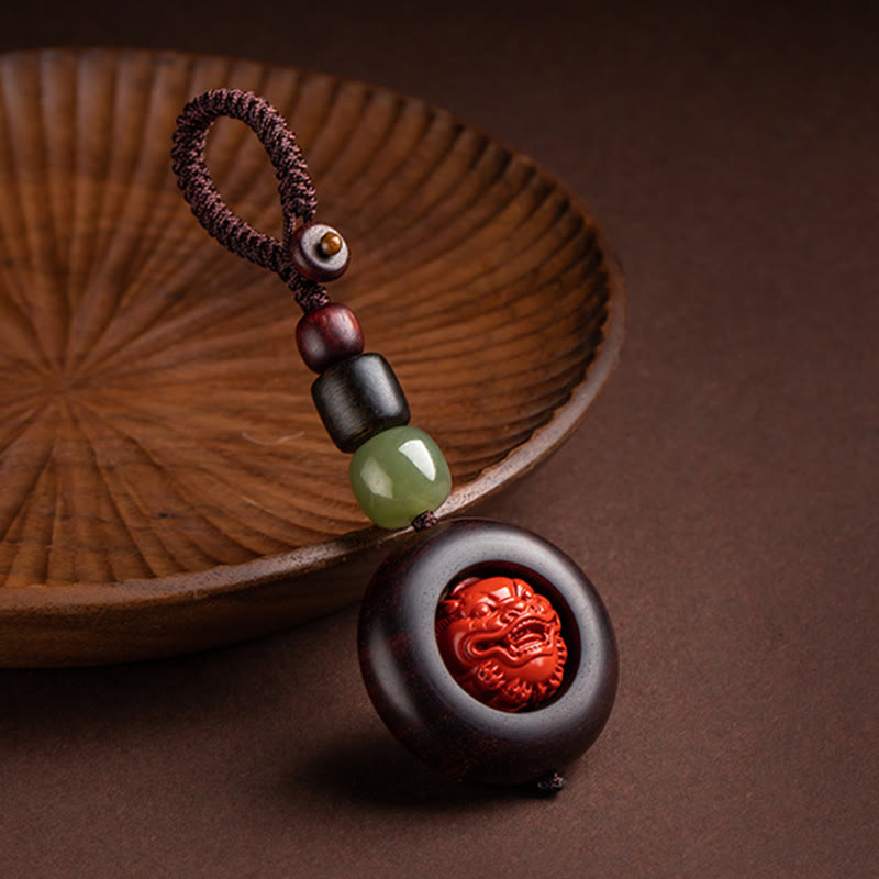 Nimara Ritual Tibet Om Mani Padme Hum PiXiu Copper Coin Small Leaf Red Sandalwood Cinnabar Protection Key Chain