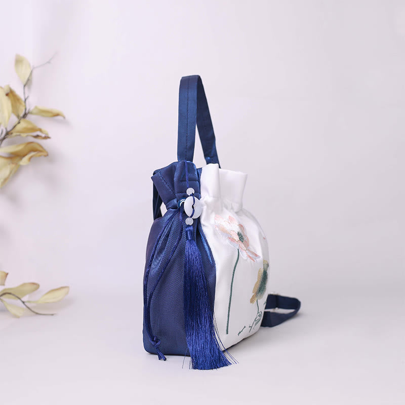Nimara Ritual Embroidered Lotus Koi Fish Crane Camellia Cotton Linen Tote Crossbody Bag Shoulder Bag Handbag